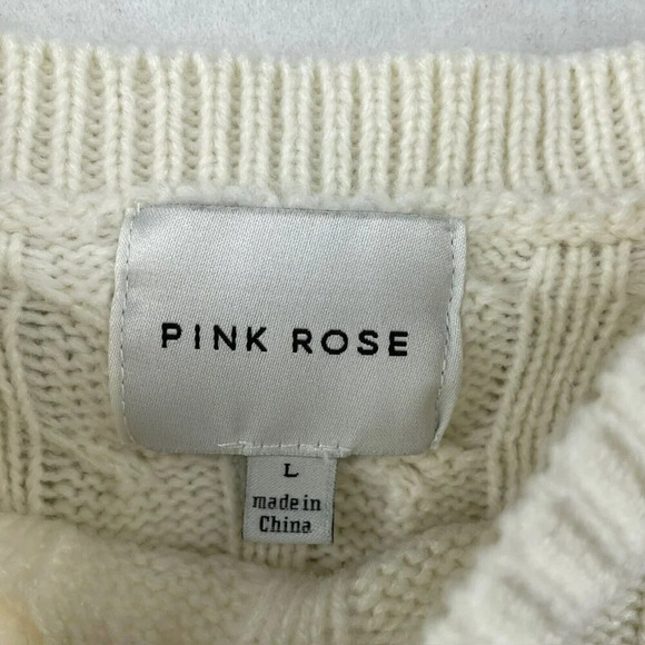 Pink Rose Sweater Women's Sz L White Cable-Knit Striped Cropped Regular Pullover - Picture 11 of 12